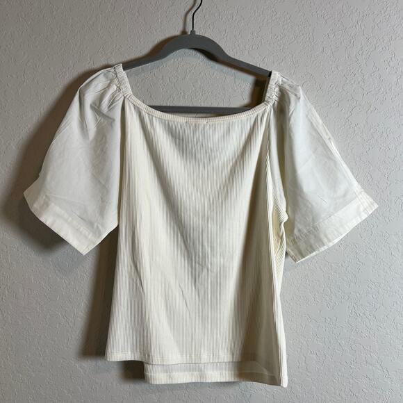 Women's J. Crew Puff ed Sleeve Ribbed Cotton Cream T-Shirt Size XXL NEW - Picture 6 of 6